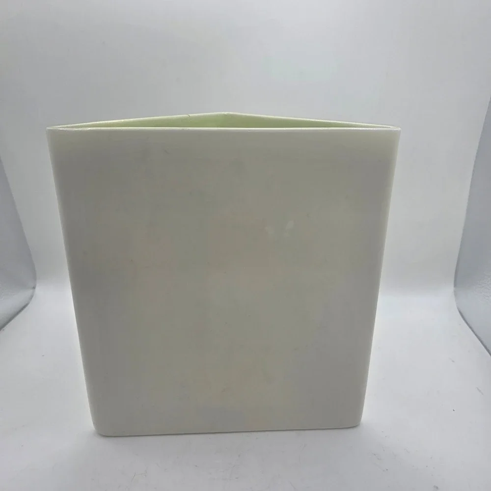 Vintage MCM Triangular Ceramic Vase Planter Ivory Cream Green Interior Geometric